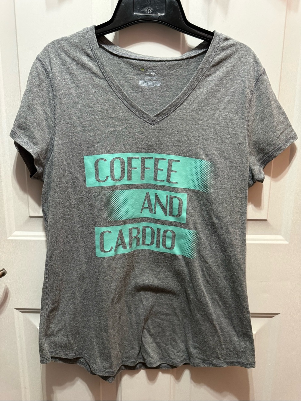 tek gear Gray Short Sleeve V-Neck Tee with Mint Green "Coffee and Cardio" L
